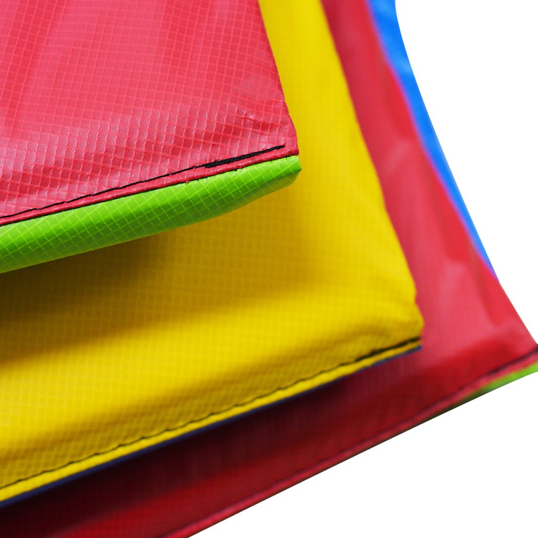10FT Replacement Trampoline Pad in vibrant rainbow color, showcasing its waterproof and durable material with tie down straps.