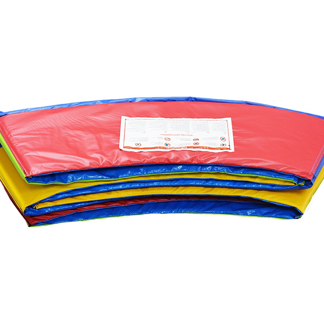 10FT Replacement Trampoline Pad in vibrant rainbow color, showcasing its waterproof and durable material with tie down straps.