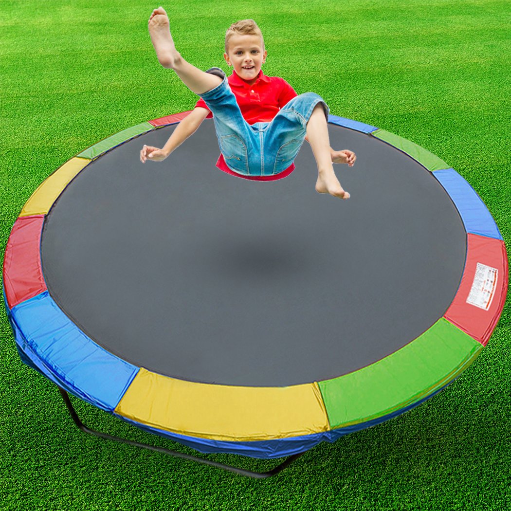 10FT Replacement Trampoline Pad in vibrant rainbow color, showcasing its waterproof and durable material with tie down straps.