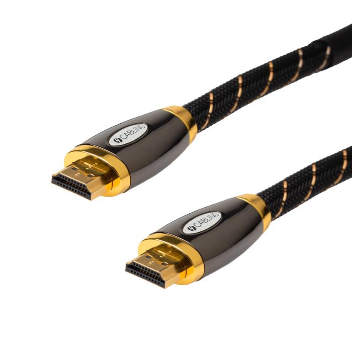 10m Premium High Speed HDMI® cable with Ethernet, featuring a black mesh design and 24K gold-plated connectors for superior connectivity.