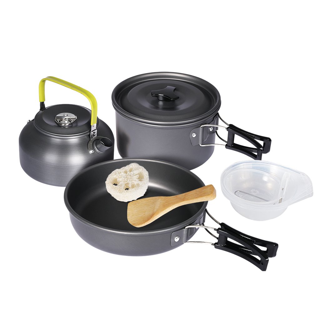 10Pcs Camping Cookware Set featuring a frying pan, pot, kettle, bowls, and utensils in a compact design, perfect for outdoor cooking.