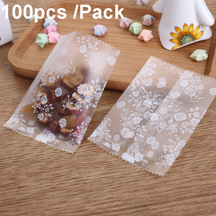 100pcs translucent frosted flower tea packaging bags, showcasing a beautiful white flower pattern, ideal for snacks and gifts.