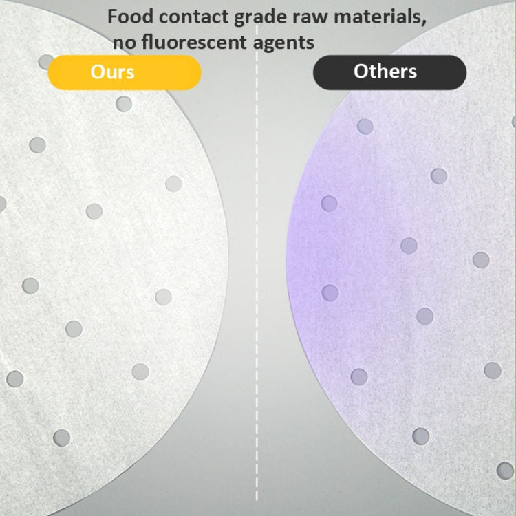 100pcs pack of non-stick disposable steamer paper, ideal for air fryers, steamers, and ovens, showcasing its perforated design for even cooking.