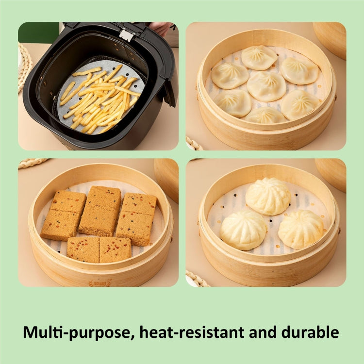 100pcs pack of non-stick disposable steamer paper, ideal for air fryers, steamers, and ovens, showcasing its perforated design for even cooking.