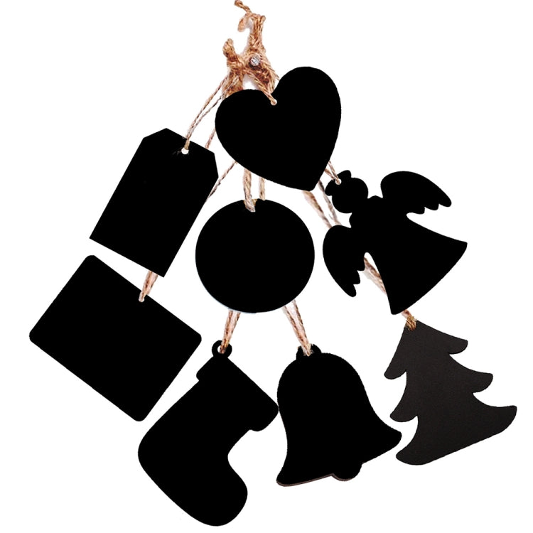 A set of 10 mini hanging wooden message boards in various shapes including hearts, Christmas trees, and rectangles, showcasing their polished finish and hemp rope lanyards.