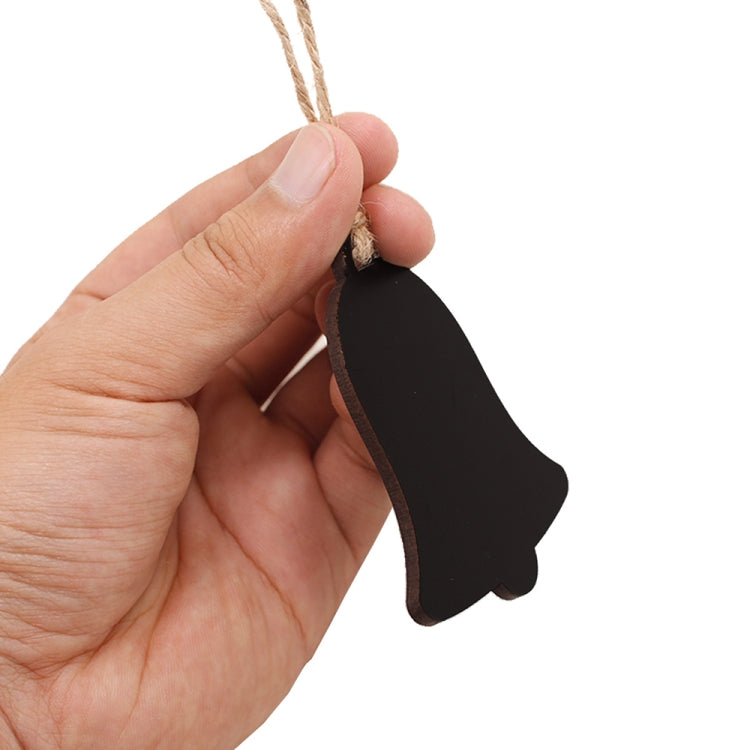 A set of 10 mini hanging wooden message boards in various shapes including hearts, Christmas trees, and rectangles, showcasing their polished finish and hemp rope lanyards.