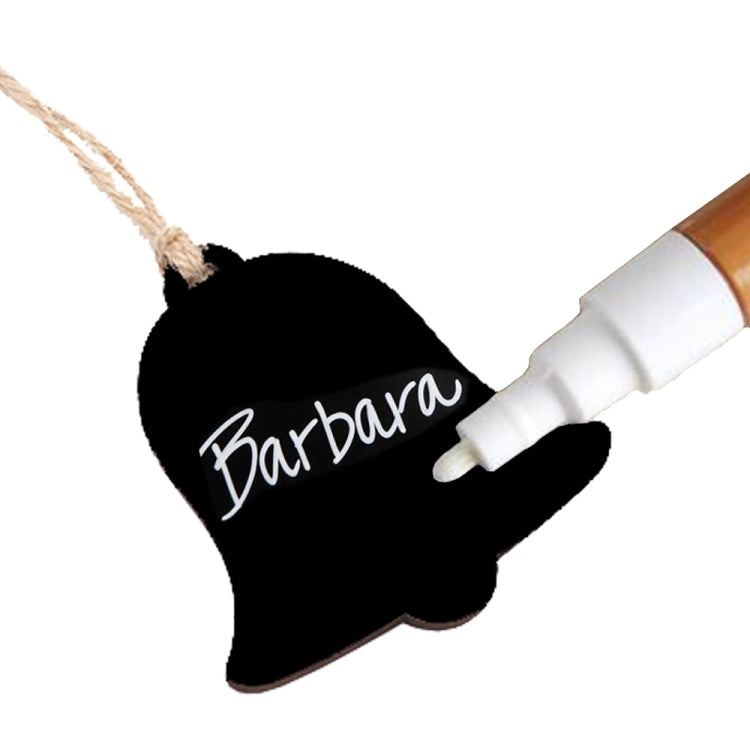 A set of 10 mini hanging wooden message boards in various shapes including hearts, Christmas trees, and rectangles, showcasing their polished finish and hemp rope lanyards.