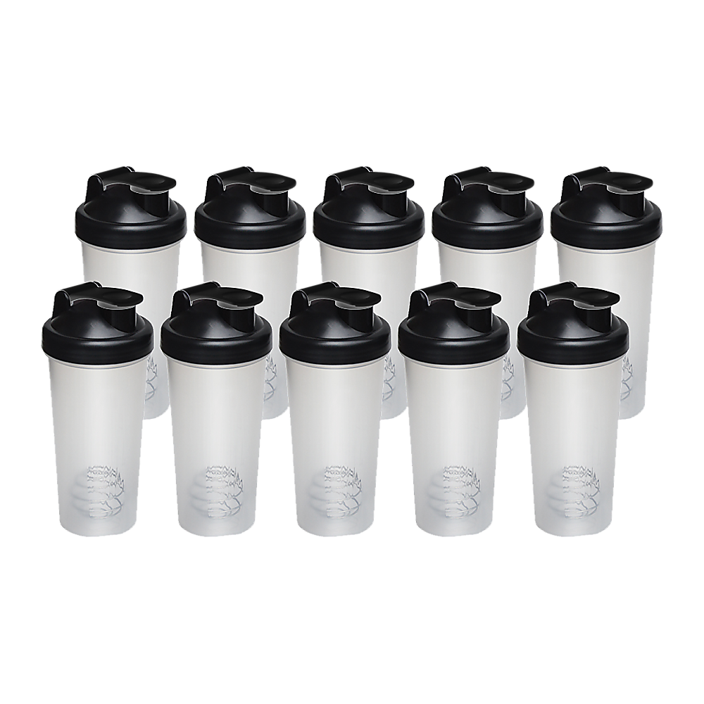 Set of 10 leak-proof 700ml protein shaker bottles with stainless steel mixing balls, ideal for gym use.