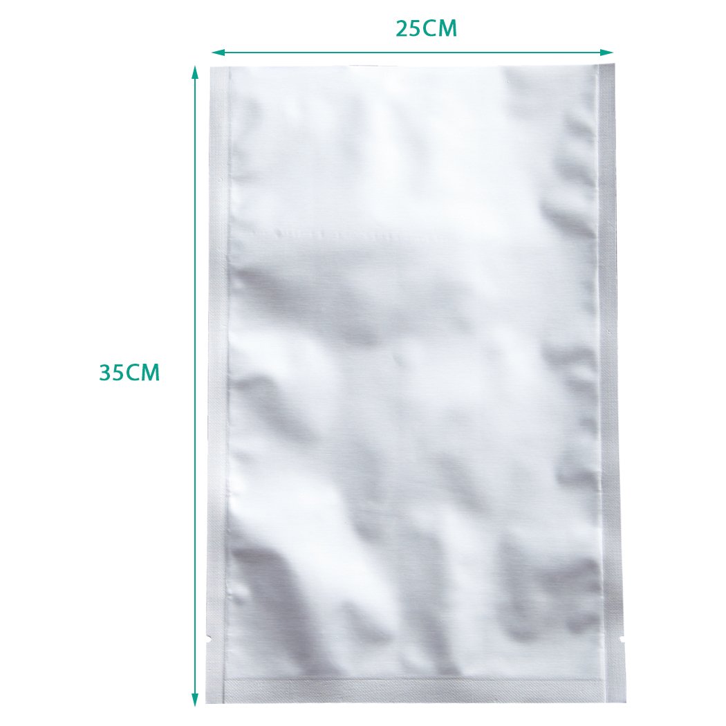 100x Commercial Grade Vacuum Sealer Bags in silver color, showcasing their thickness and quality for food storage.