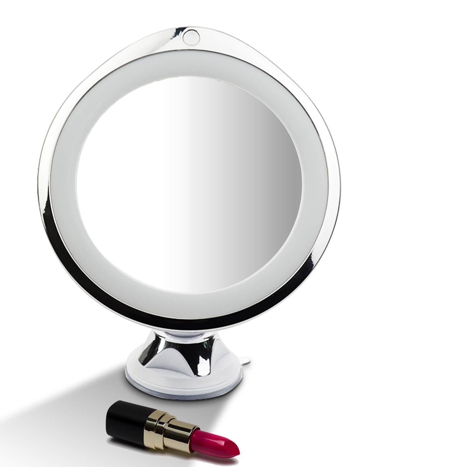 10x Magnifying Makeup Vanity Mirror with LED lights, featuring a suction cup for easy attachment, designed for precision makeup application.