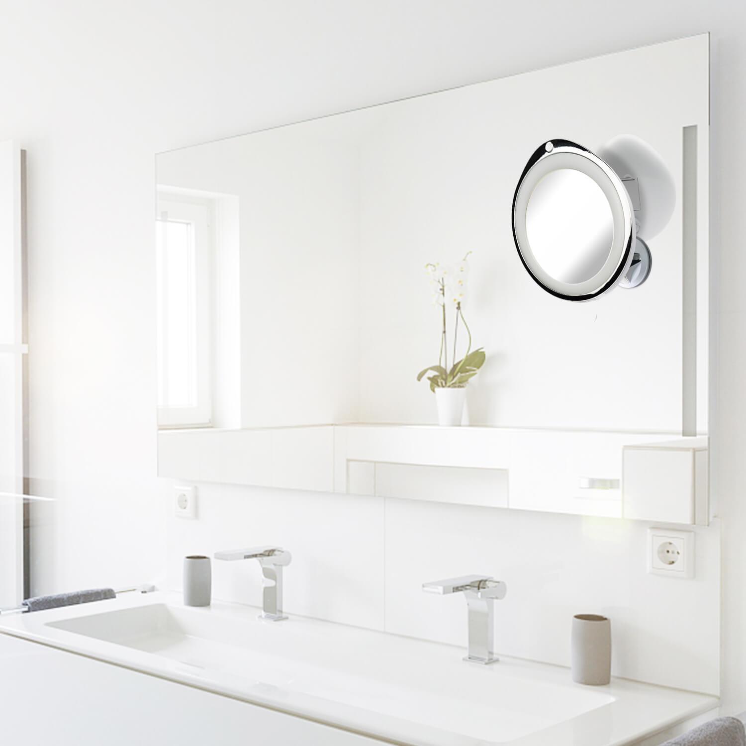 10x Magnifying Makeup Vanity Mirror with LED lights, featuring a suction cup for easy attachment, designed for precision makeup application.