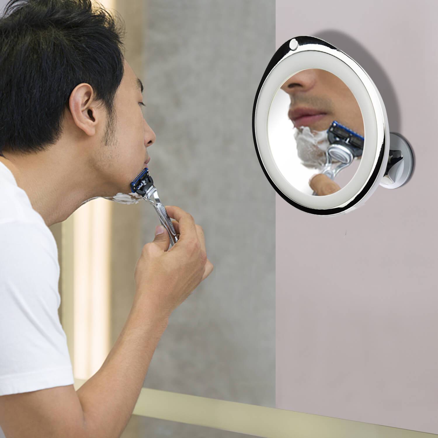 10x Magnifying Makeup Vanity Mirror with LED lights, featuring a suction cup for easy attachment, designed for precision makeup application.
