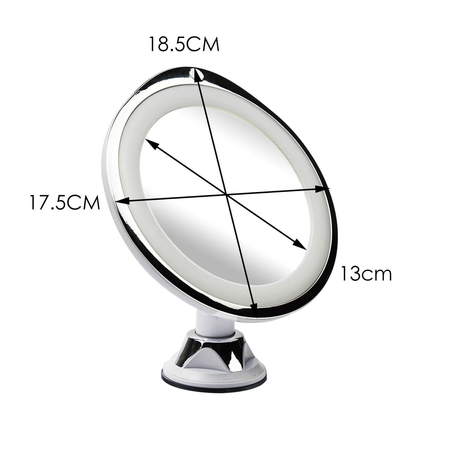 10x Magnifying Makeup Vanity Mirror with LED lights, featuring a suction cup for easy attachment, designed for precision makeup application.