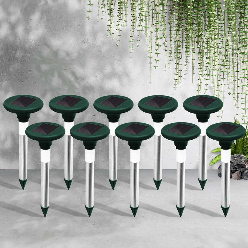 10X Solar LED Snake Repeller with solar panel and LED light, designed for pest control and snake deterrence in outdoor areas.
