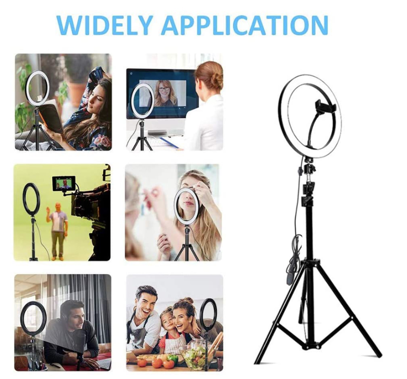 A 12 Inch Phone Selfie Ring Light with adjustable brightness, mounted on a tripod, ideal for makeup and video shooting.