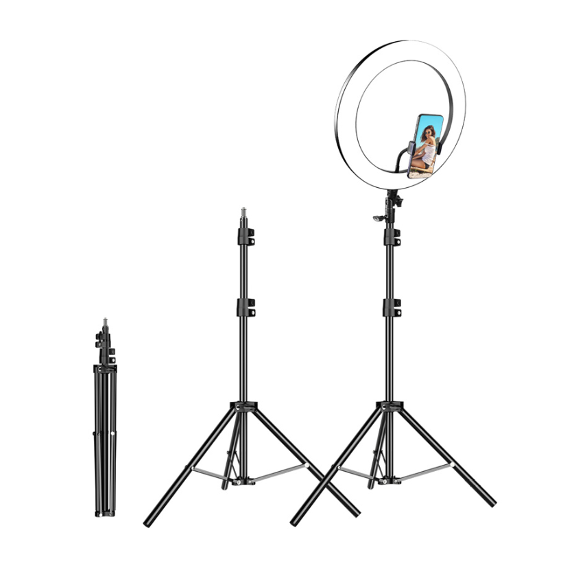 A 12 Inch Phone Selfie Ring Light with adjustable brightness, mounted on a tripod, ideal for makeup and video shooting.