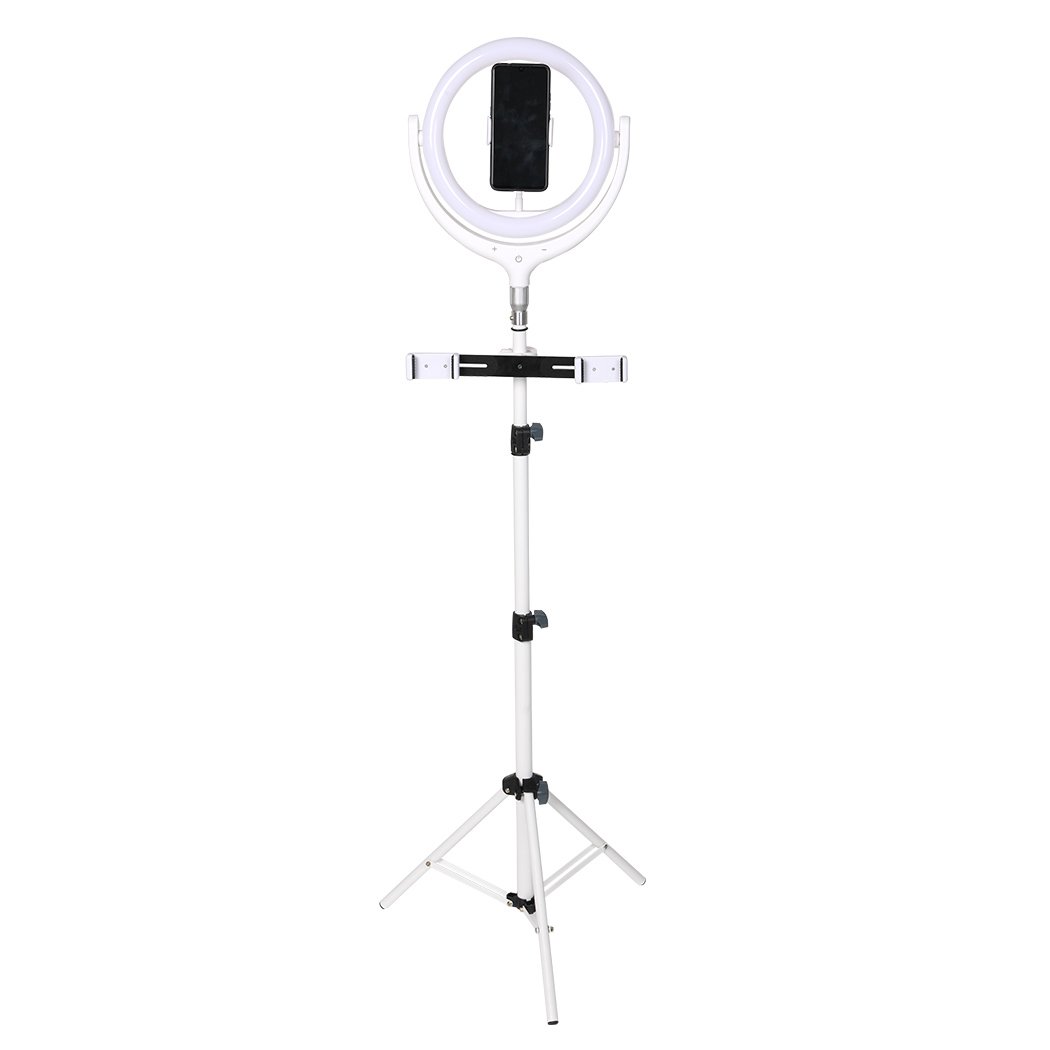 A 12-inch LED ring light with a tripod stand and phone holder, showcasing adjustable brightness and three color temperature settings for perfect lighting.
