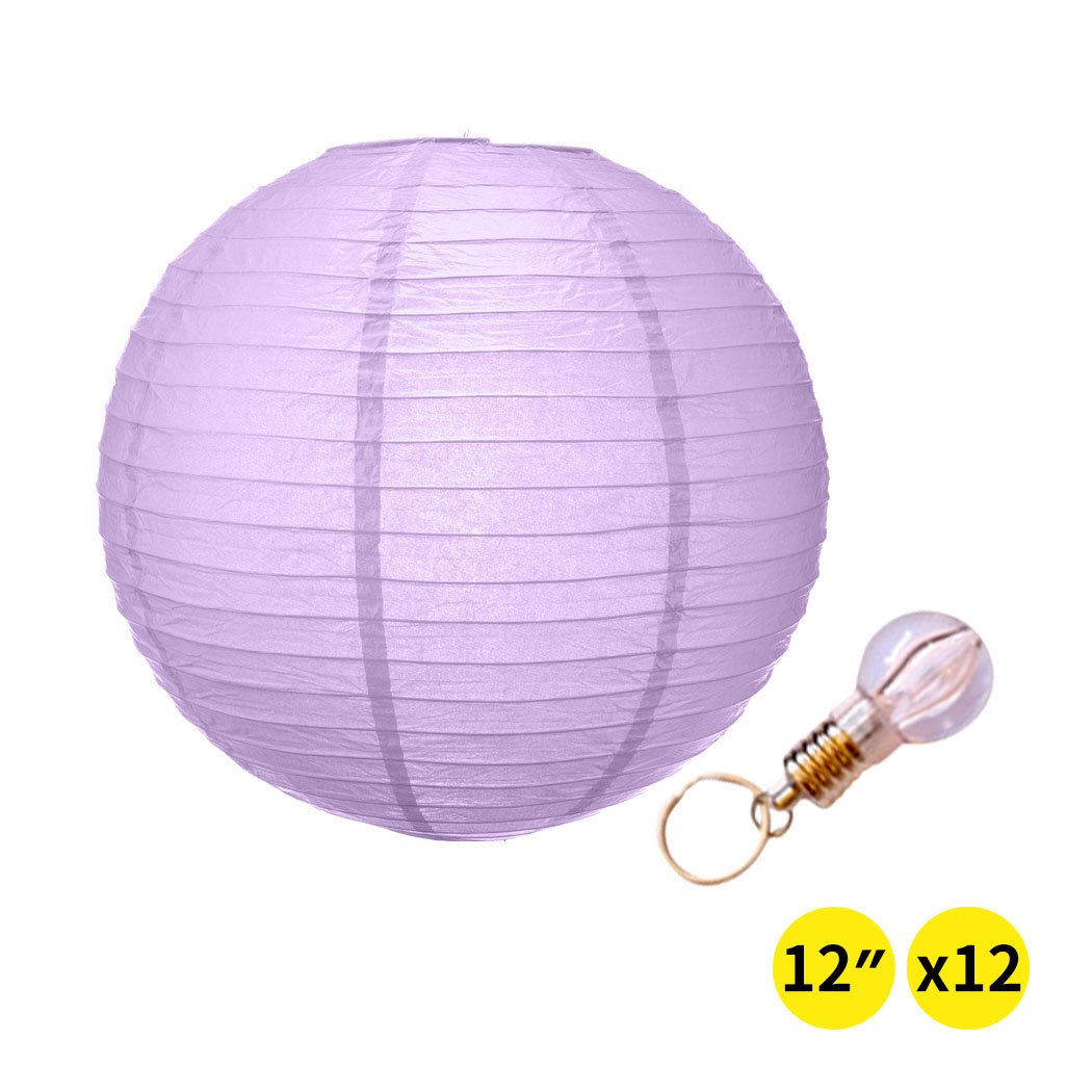 A set of colorful 12-inch paper lanterns hanging elegantly, perfect for wedding and party decorations.