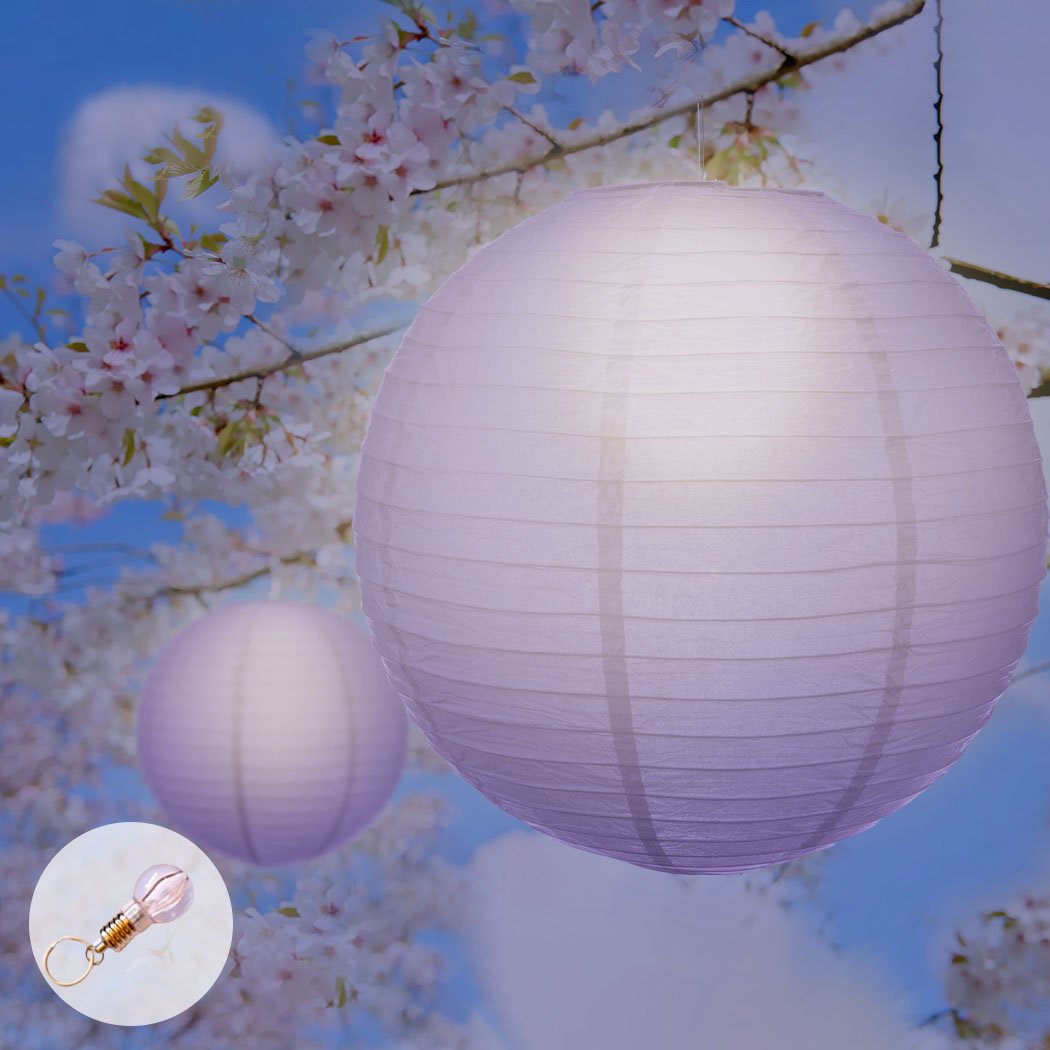 A set of colorful 12-inch paper lanterns hanging elegantly, perfect for wedding and party decorations.