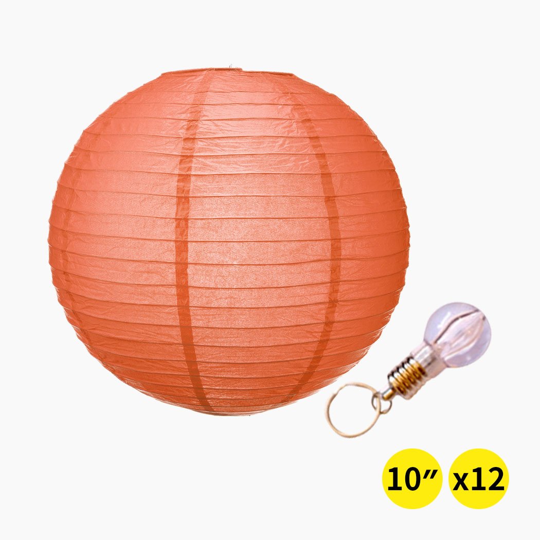 A set of 12-inch paper lanterns in various colors, perfect for wedding and party decorations, showcasing their elegant design and warm white lighting.