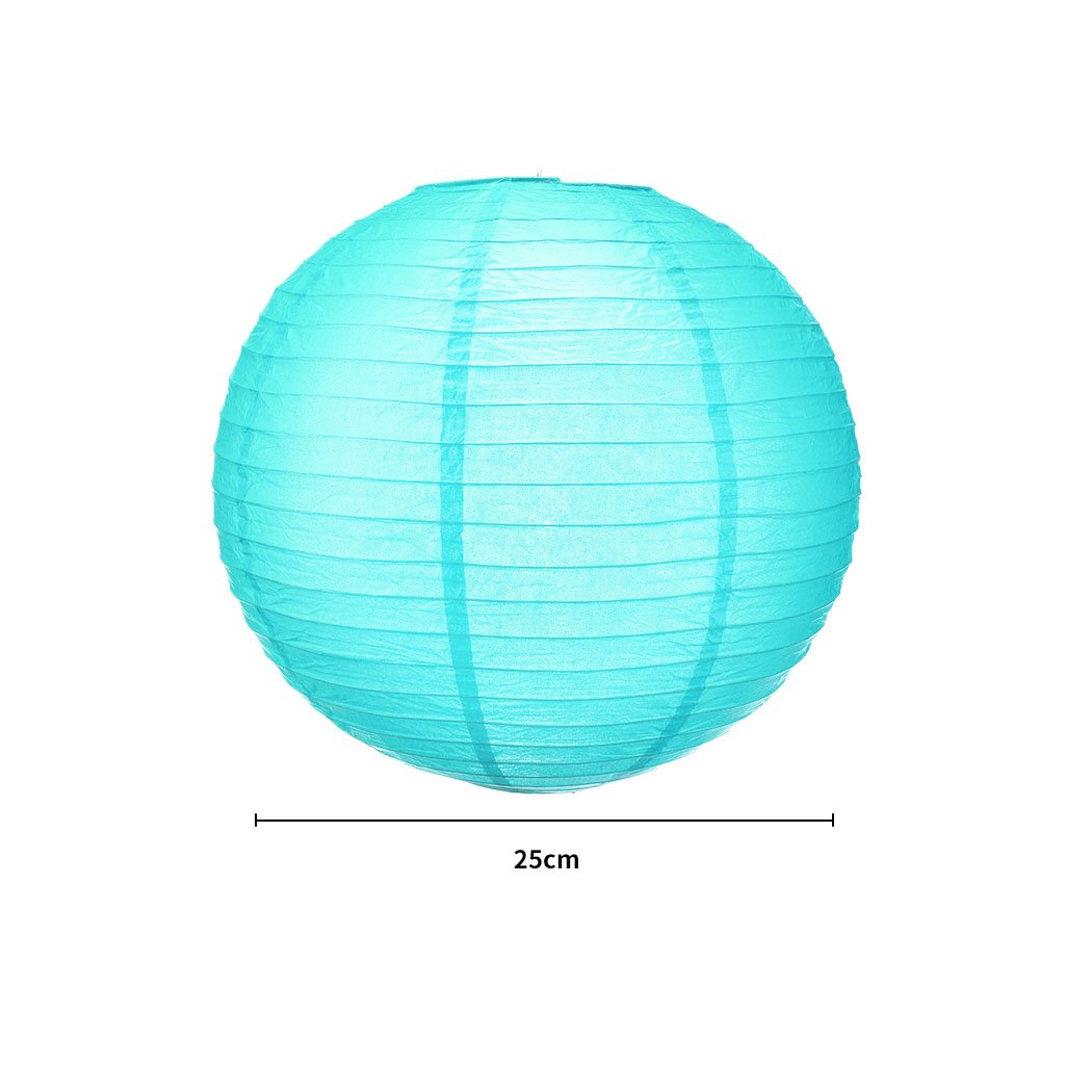 A collection of 12" colorful paper lanterns hanging elegantly, perfect for wedding and party decorations.