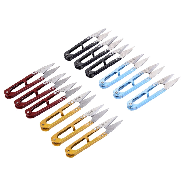 A set of 12 iron and steel thread clippers, showcasing their compact size and sharp blades, ideal for sewing and crafting.
