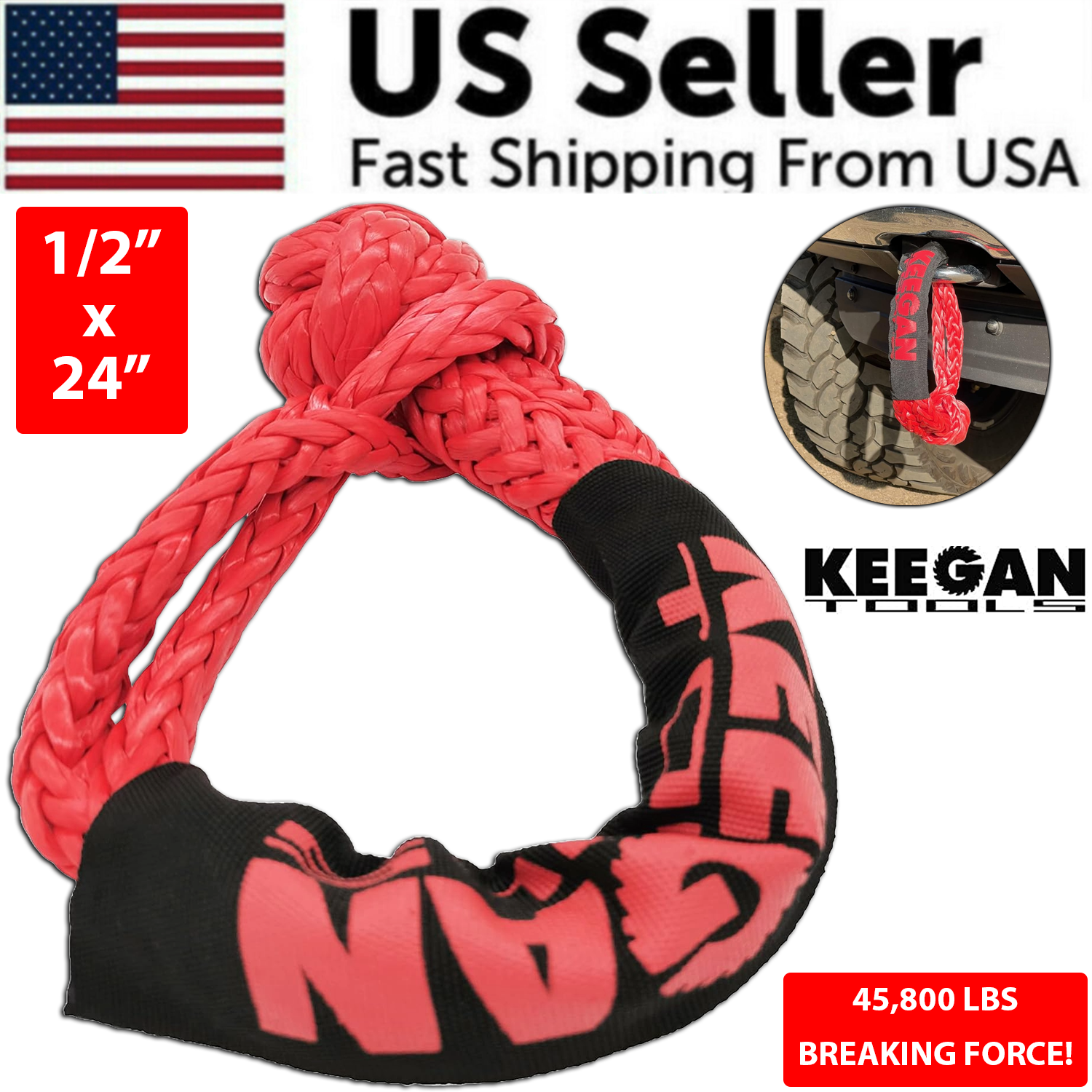 1/2 inch by 24 inch soft shackle recovery rope with 65,000 lbs breaking strength, designed for off-road SUV winching and towing.