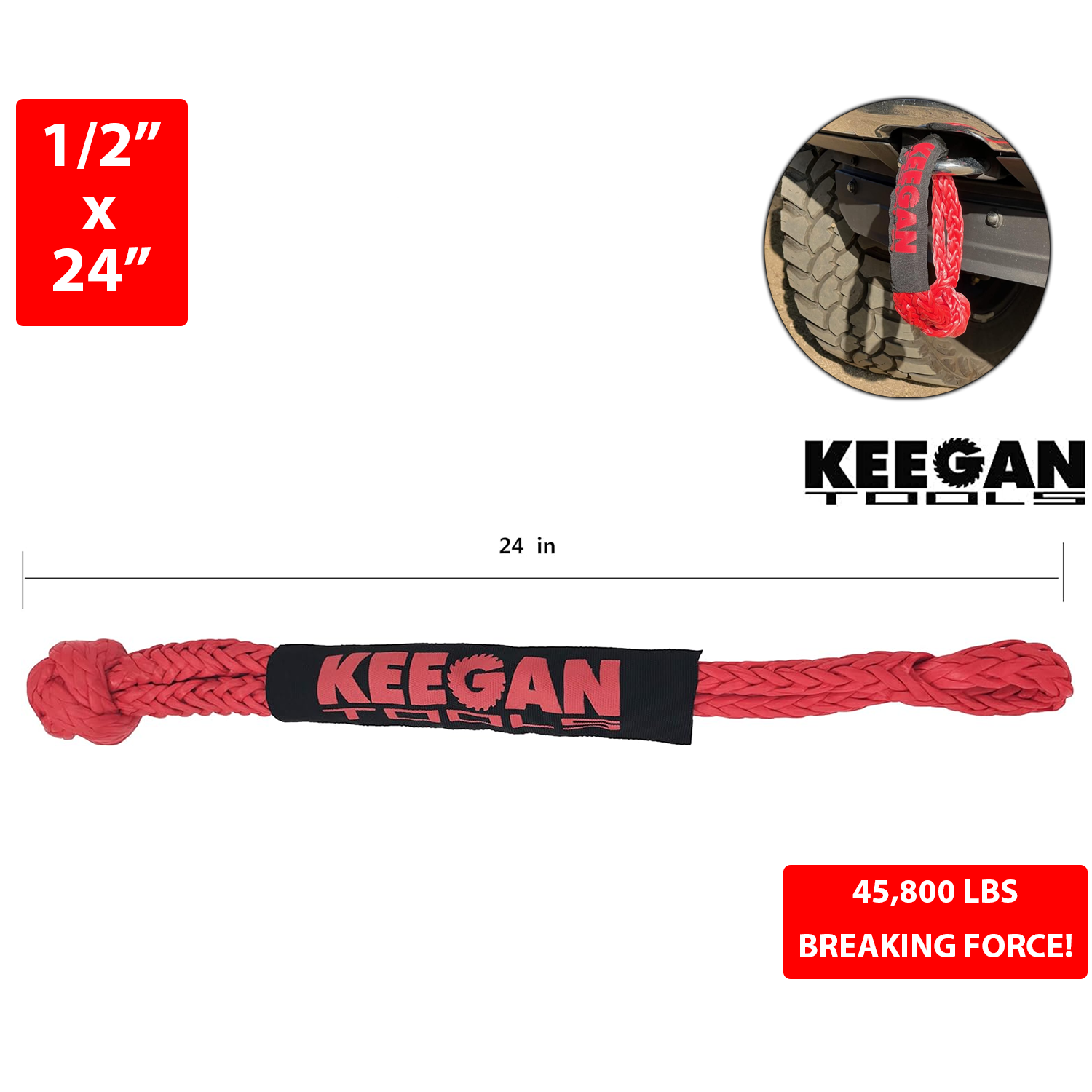 1/2 inch by 24 inch soft shackle recovery rope with 65,000 lbs breaking strength, designed for off-road SUV winching and towing.