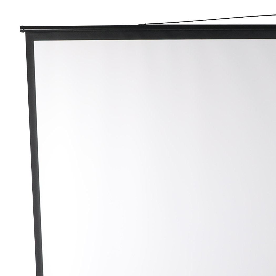 A 120 Inch Projector Screen mounted on a sturdy tripod stand, showcasing a clear image, ideal for home and outdoor cinema experiences.