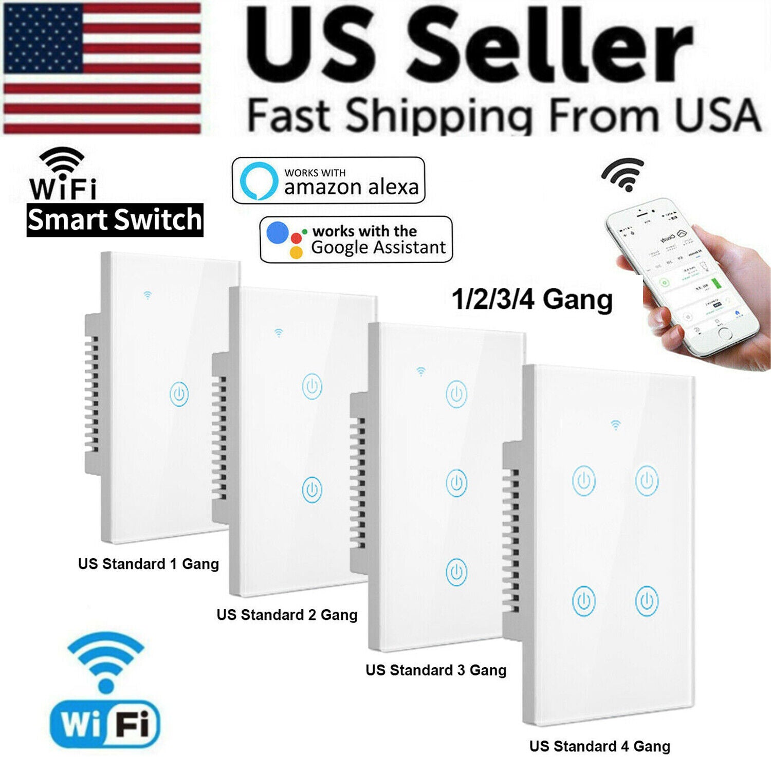 1/2/3/4 Gang WiFi Smart Wall Touch Light Switch with a sleek glass panel design, suitable for modern homes.