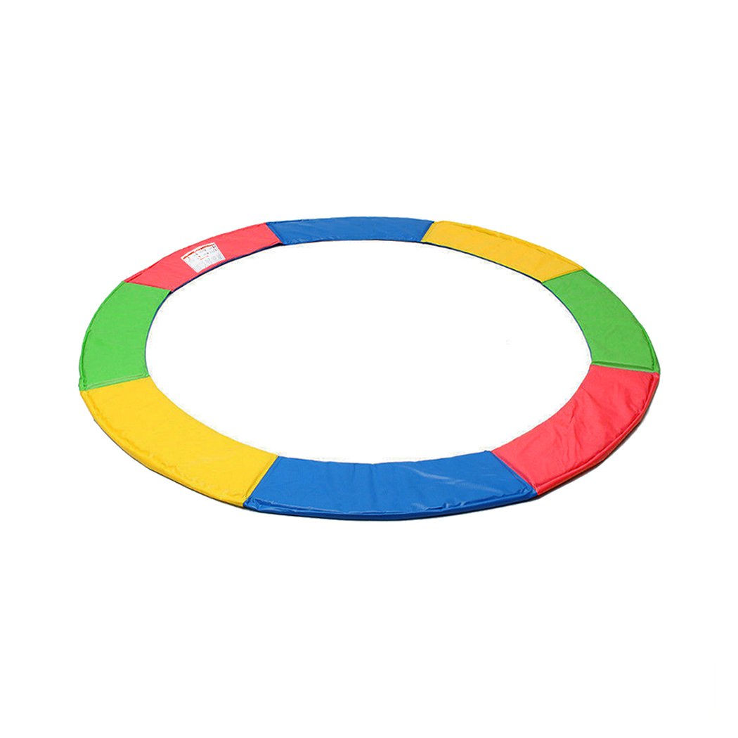 Colorful 12FT replacement trampoline pad with tie down straps, designed for outdoor use.