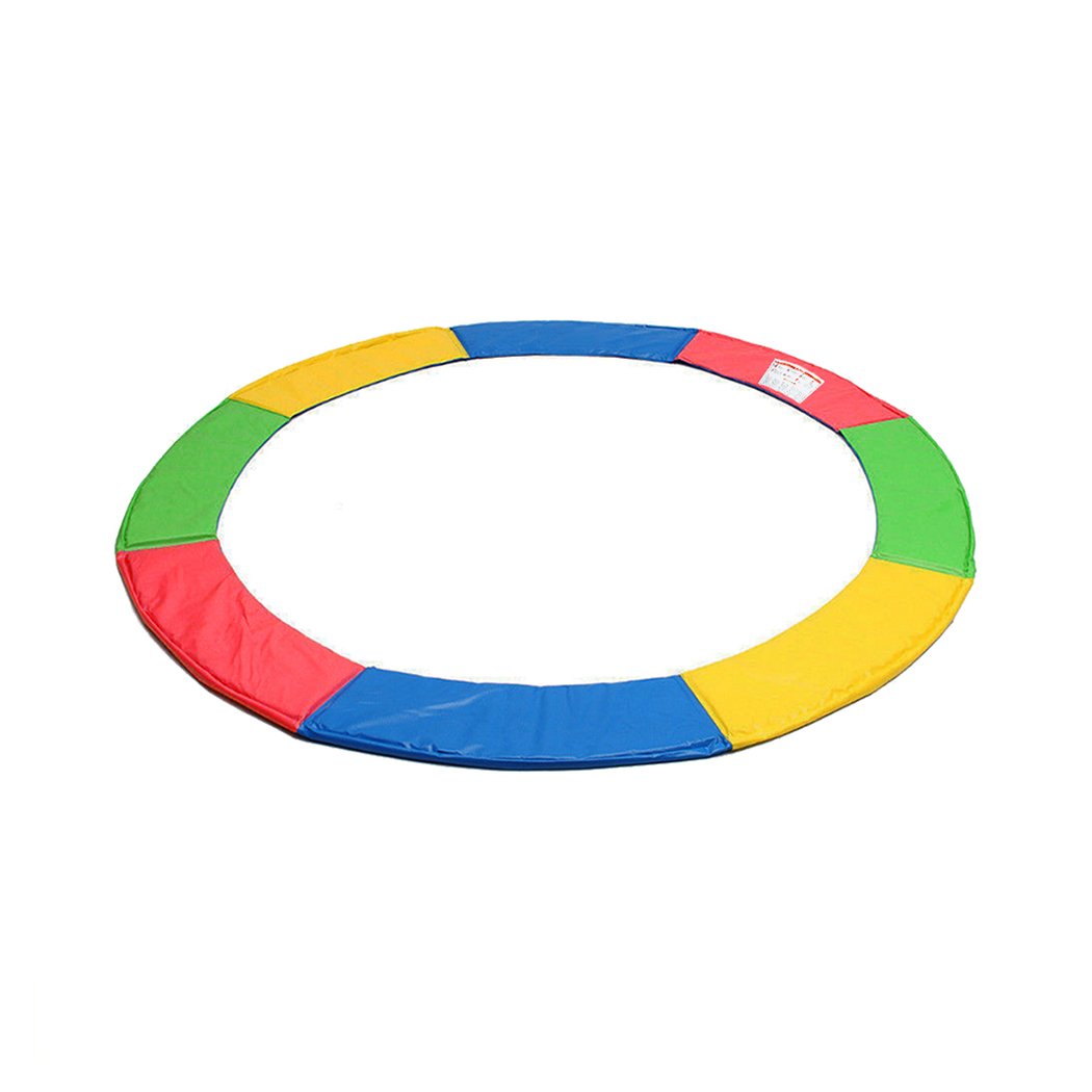 Colorful 12FT replacement trampoline pad with tie down straps, designed for outdoor use.