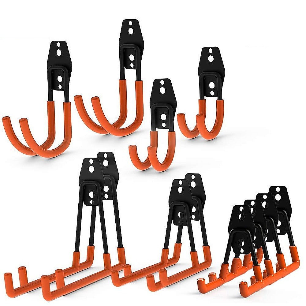 A set of 12 heavy-duty wall mount garage hooks in various sizes, designed for tool storage and organization, showcasing their sturdy steel construction and anti-slip coating.