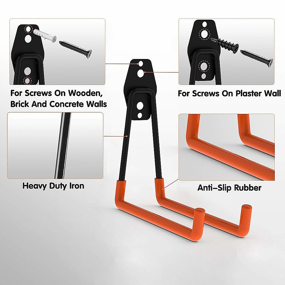 A set of 12 heavy-duty wall mount garage hooks in various sizes, designed for tool storage and organization, showcasing their sturdy steel construction and anti-slip coating.