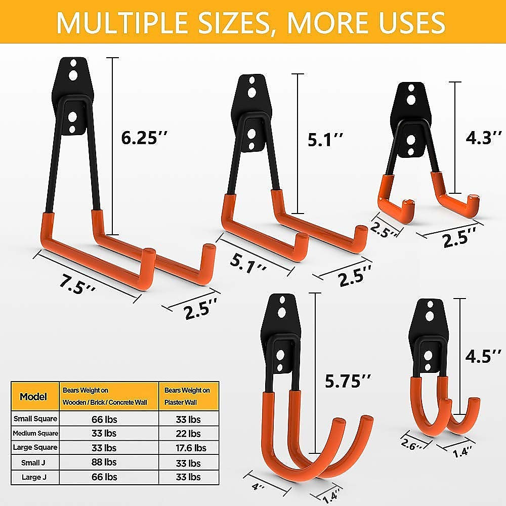 A set of 12 heavy-duty wall mount garage hooks in various sizes, designed for tool storage and organization, showcasing their sturdy steel construction and anti-slip coating.
