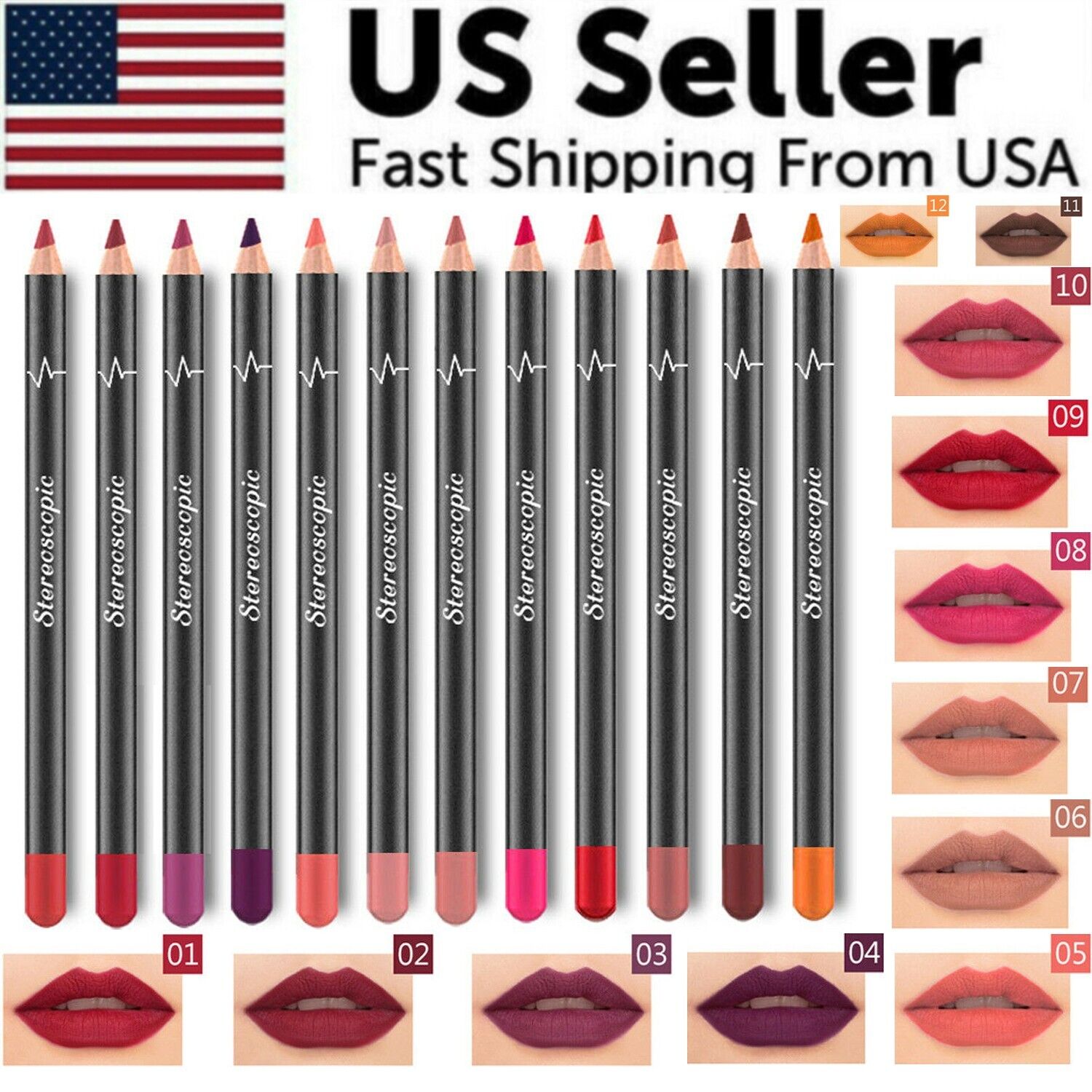 12Pcs Women Waterproof Lipstick Long Lasting Matte Lip Liner Pencil set showcasing vibrant colors and sleek design.
