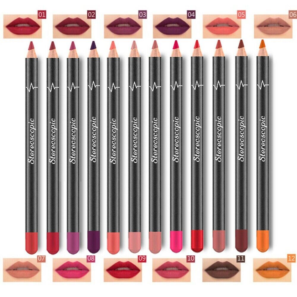 12Pcs Women Waterproof Lipstick Long Lasting Matte Lip Liner Pencil set showcasing vibrant colors and sleek design.