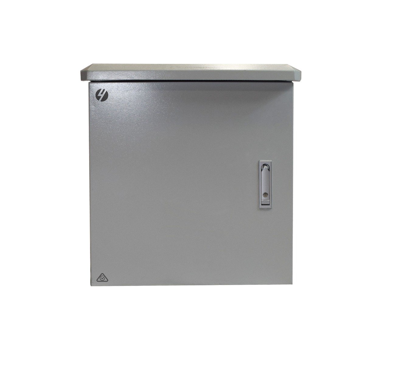 Grey outdoor wall mount cabinet, 12RU size, IP65 rated, designed for secure equipment storage.