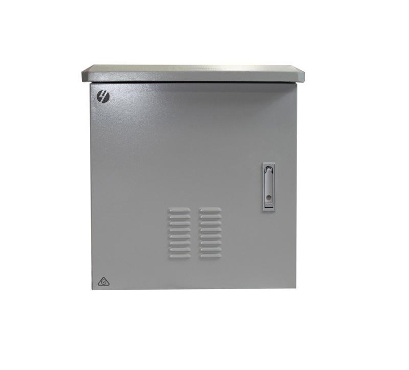 Grey outdoor wall mount ventilated server rack with a vented front door and rain hood, designed for secure equipment storage.
