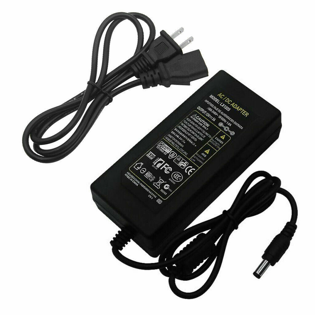 12V 5A DC Power Supply Adapter for LED strips and CCTV systems, showcasing its compact design and specifications.