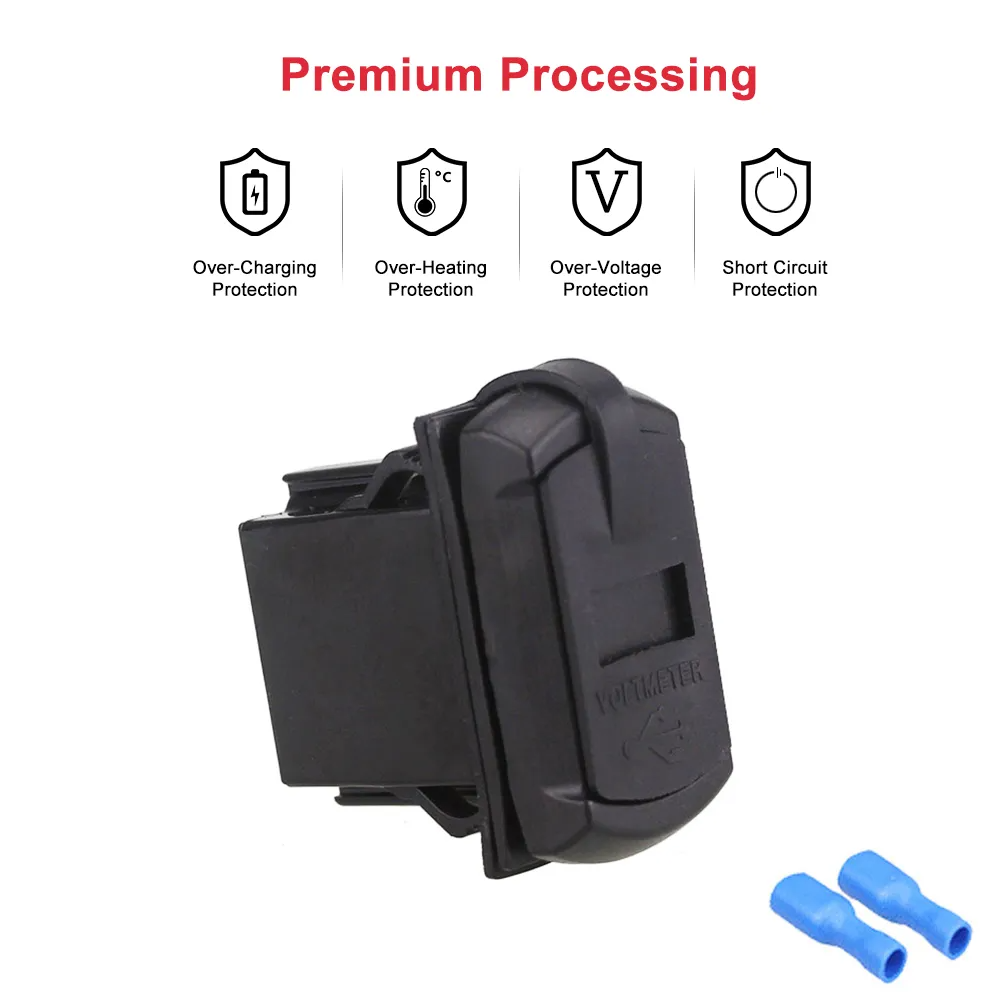 12V Dual USB Charger Socket with LED Voltmeter and Rocker Switch Panel, designed for vehicles and boats, featuring dual USB ports and a modern aesthetic.