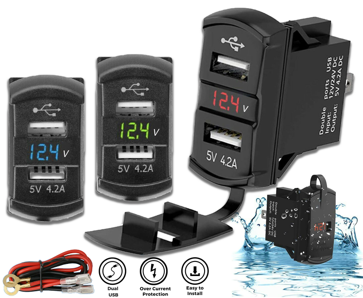 12V Dual USB Charger Socket with LED Voltmeter and Rocker Switch Panel, designed for vehicles and boats, featuring dual USB ports and a modern aesthetic.