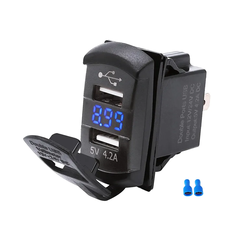 12V Dual USB Charger Socket with LED Voltmeter and Rocker Switch Panel, designed for vehicles and boats, featuring dual USB ports and a modern aesthetic.