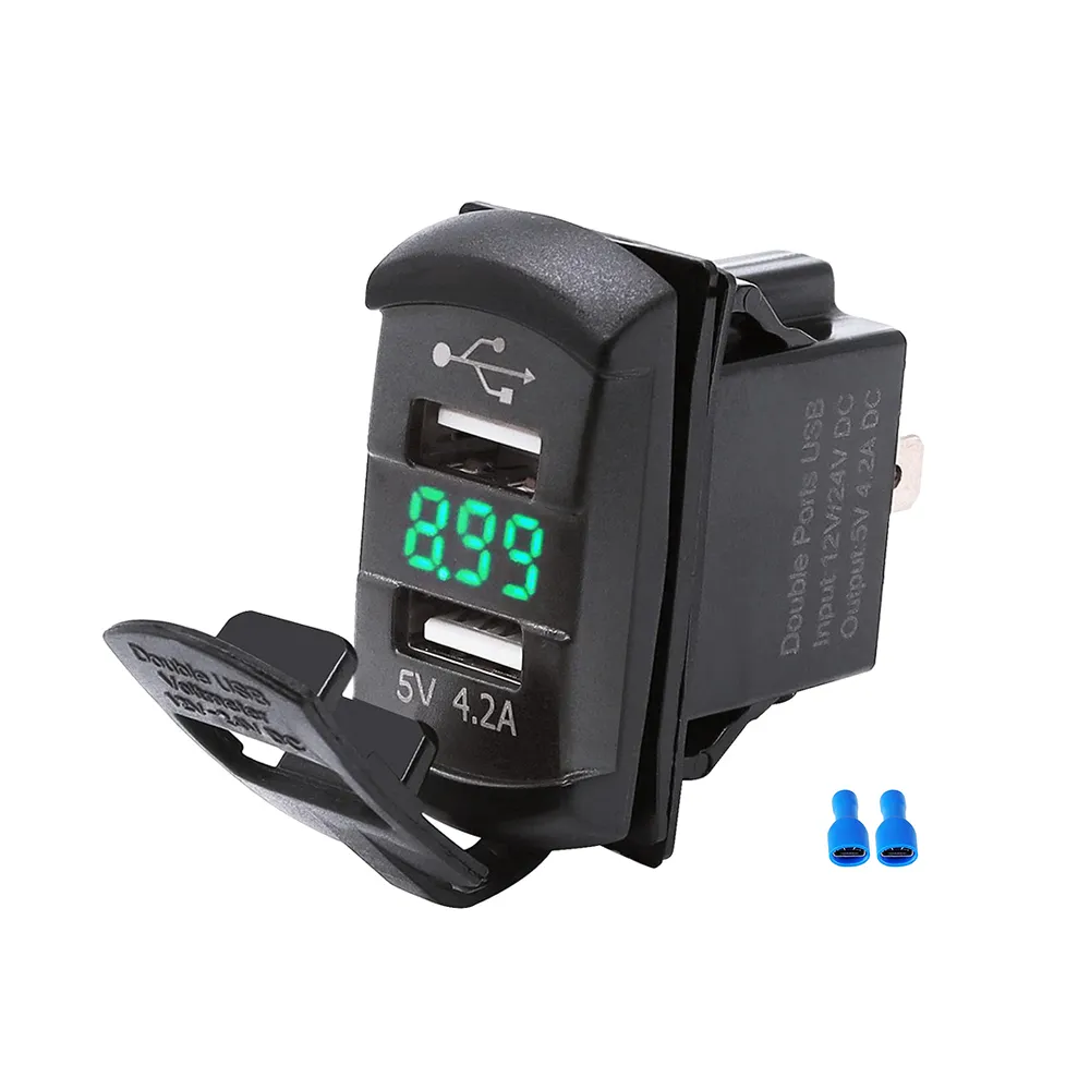 12V Dual USB Charger Socket with LED Voltmeter and Rocker Switch Panel, designed for vehicles and boats, featuring dual USB ports and a modern aesthetic.