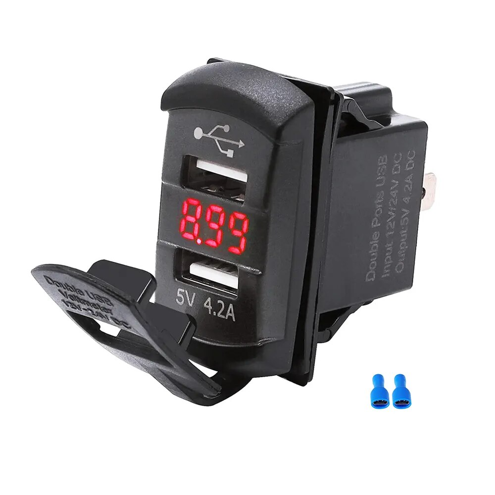 12V Dual USB Charger Socket with LED Voltmeter and Rocker Switch Panel, designed for vehicles and boats, featuring dual USB ports and a modern aesthetic.