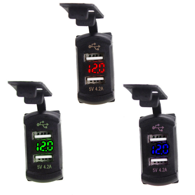 12V Dual USB Charger Socket with LED Voltmeter and Rocker Switch Panel, designed for vehicles and boats, featuring dual USB ports and a modern aesthetic.