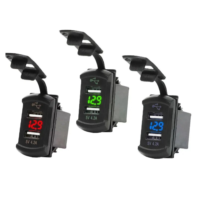 12V Dual USB Charger Socket with LED Voltmeter and Rocker Switch Panel, designed for vehicles and boats, featuring dual USB ports and a modern aesthetic.