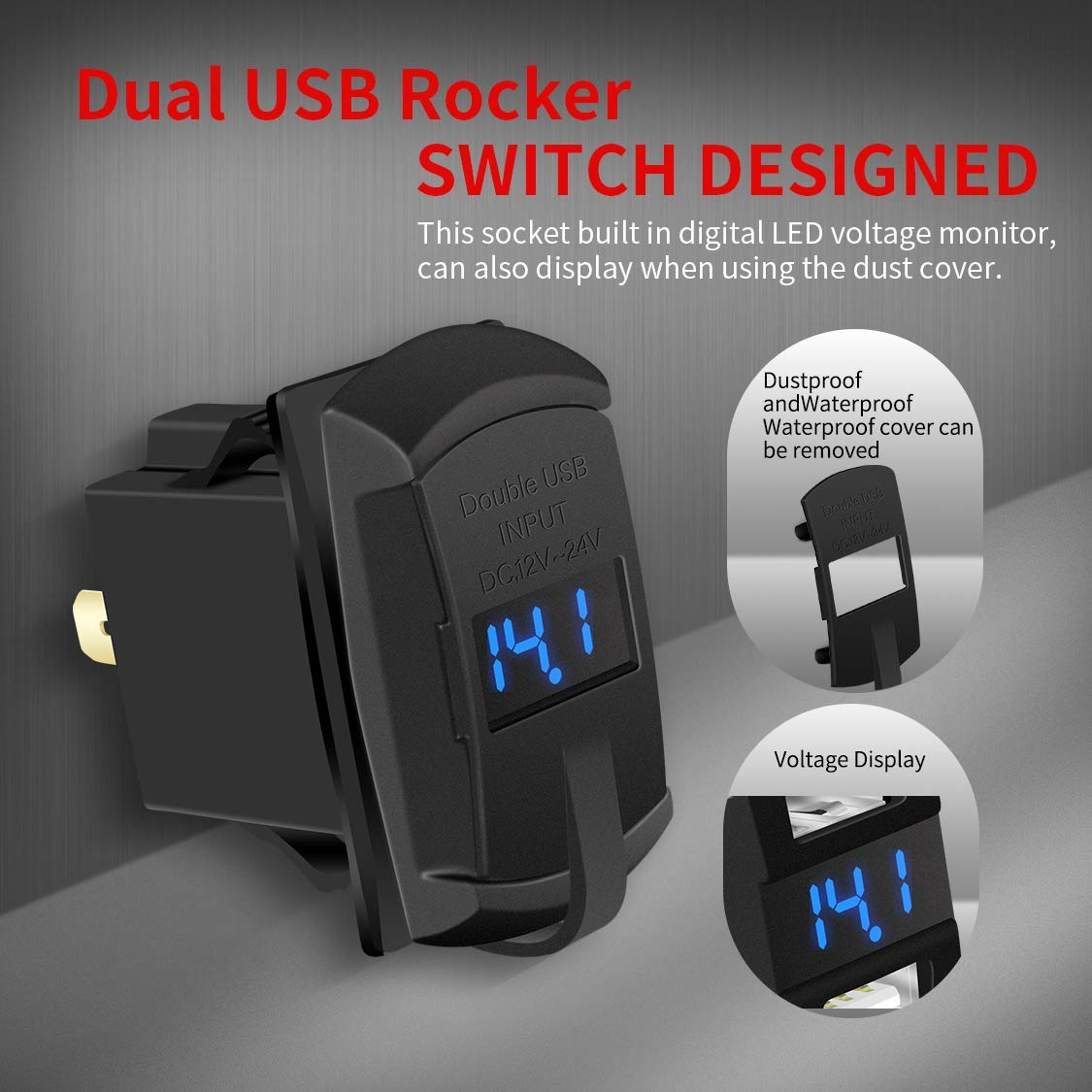 12V Dual USB Charger Socket with LED Voltmeter and Rocker Switch Panel, designed for vehicles and boats, featuring dual USB ports and a modern aesthetic.