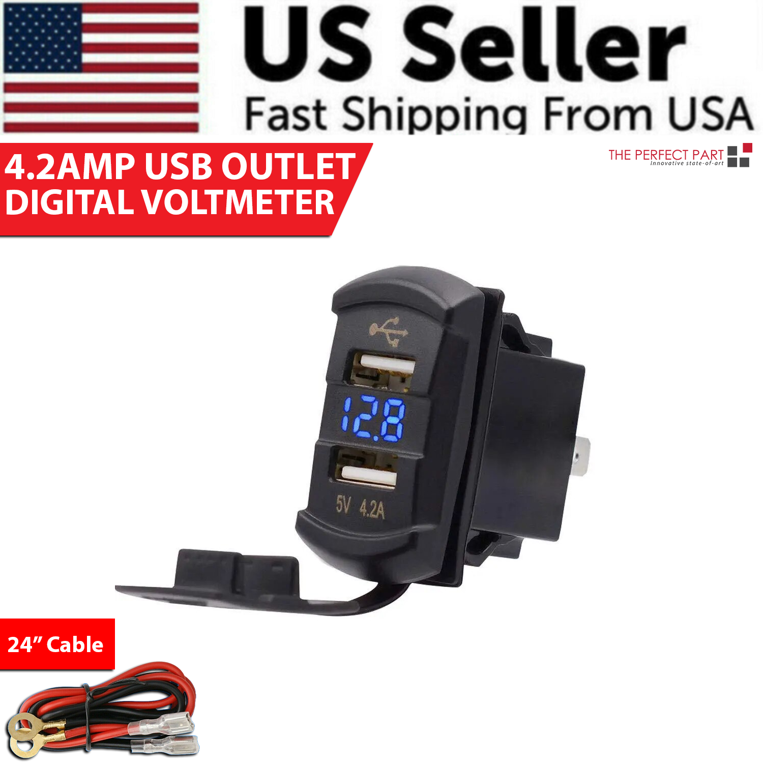 12V Dual USB Charger Socket with LED Voltmeter and Rocker Switch Panel, designed for vehicles and boats, featuring dual USB ports and a modern aesthetic.