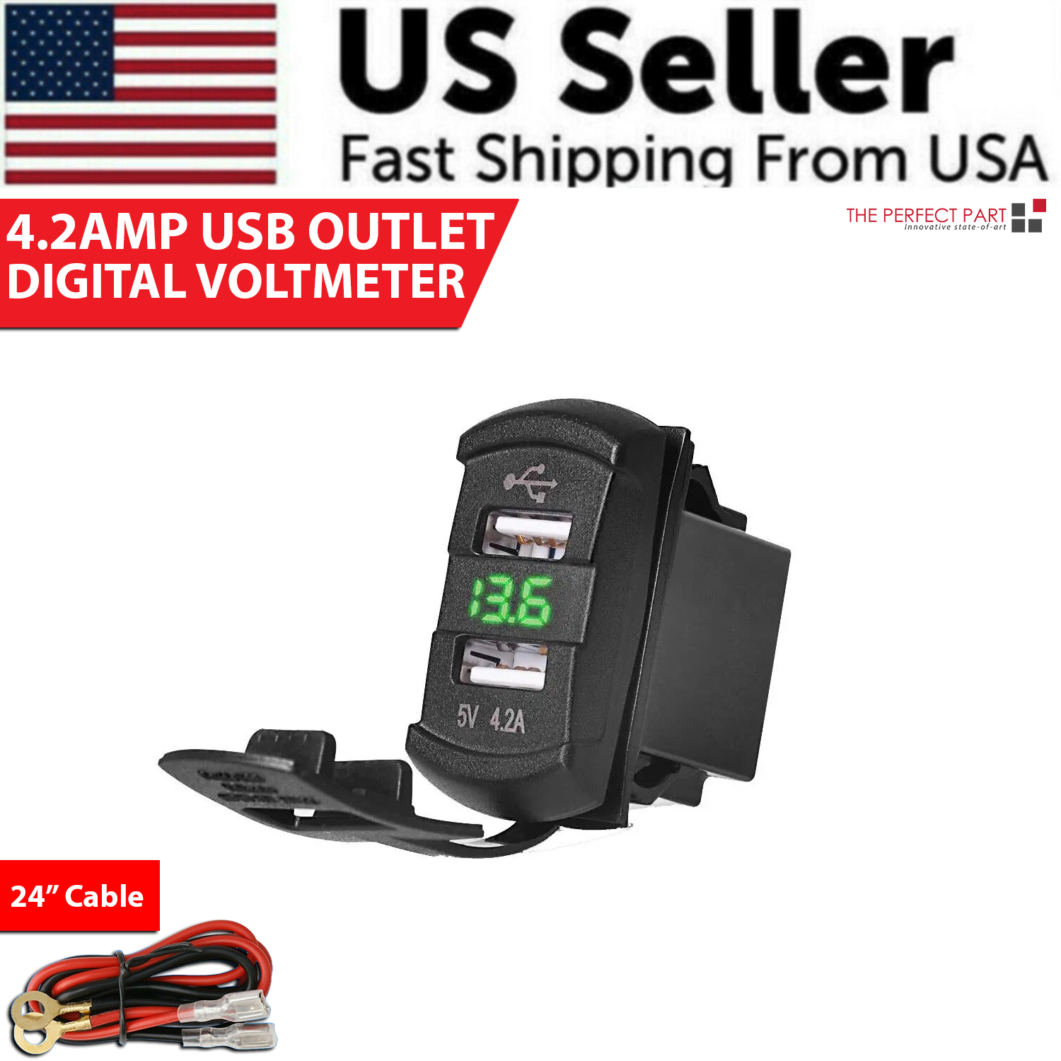 12V Dual USB Charger Socket with LED Voltmeter and Rocker Switch Panel, designed for vehicles and boats, featuring dual USB ports and a modern aesthetic.